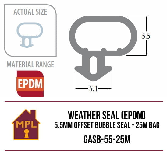 Weather Seal (EPDM) 5.5mm Offset Bubble Seal – 1m