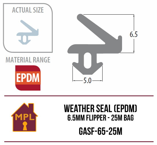 Weather Seal (EPDM) 6.5mm Flipper – 1m Bag